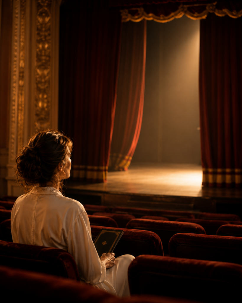 Elizabeth siedzi samotnie w pustym teatrze i patrzy na oświetloną scenę z lekko rozsuniętą kurtyną.